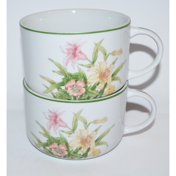 Vtg Soup Cups Jade Lily Porcelain Floral Shafford 1970 Japan  Handle 2 pc set - Picture 2 of 9